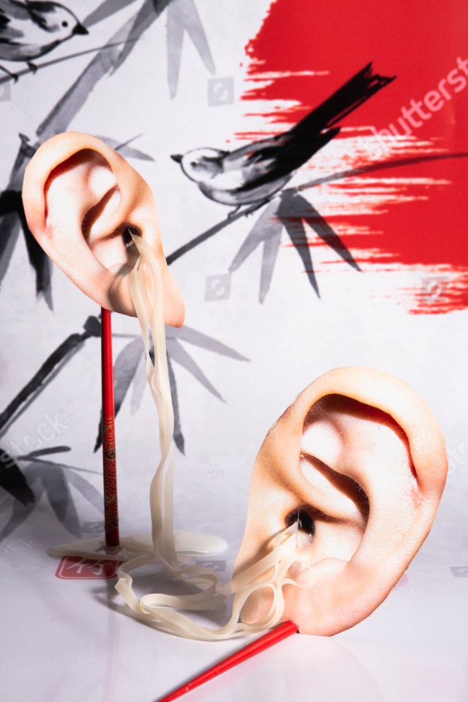 Artwork: Sing a song, part of the project "Asia Bistro". The artwork contains pictures of human ears, rice noodles, chopstick, and a background with birds, bamboos and sun.