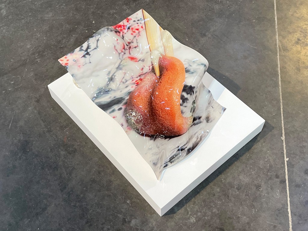 Hiền Hoàng. 2023. 40 x 60 x 19 cm. UV-Print, Plexiglass, bended, deformed, soy bottles. Installation view at "Across the ocean", in the "Moving Definition", Louise Roederer Discovery Award, Rencontres de la Photographie d'Arles, 2023, Arles, France.