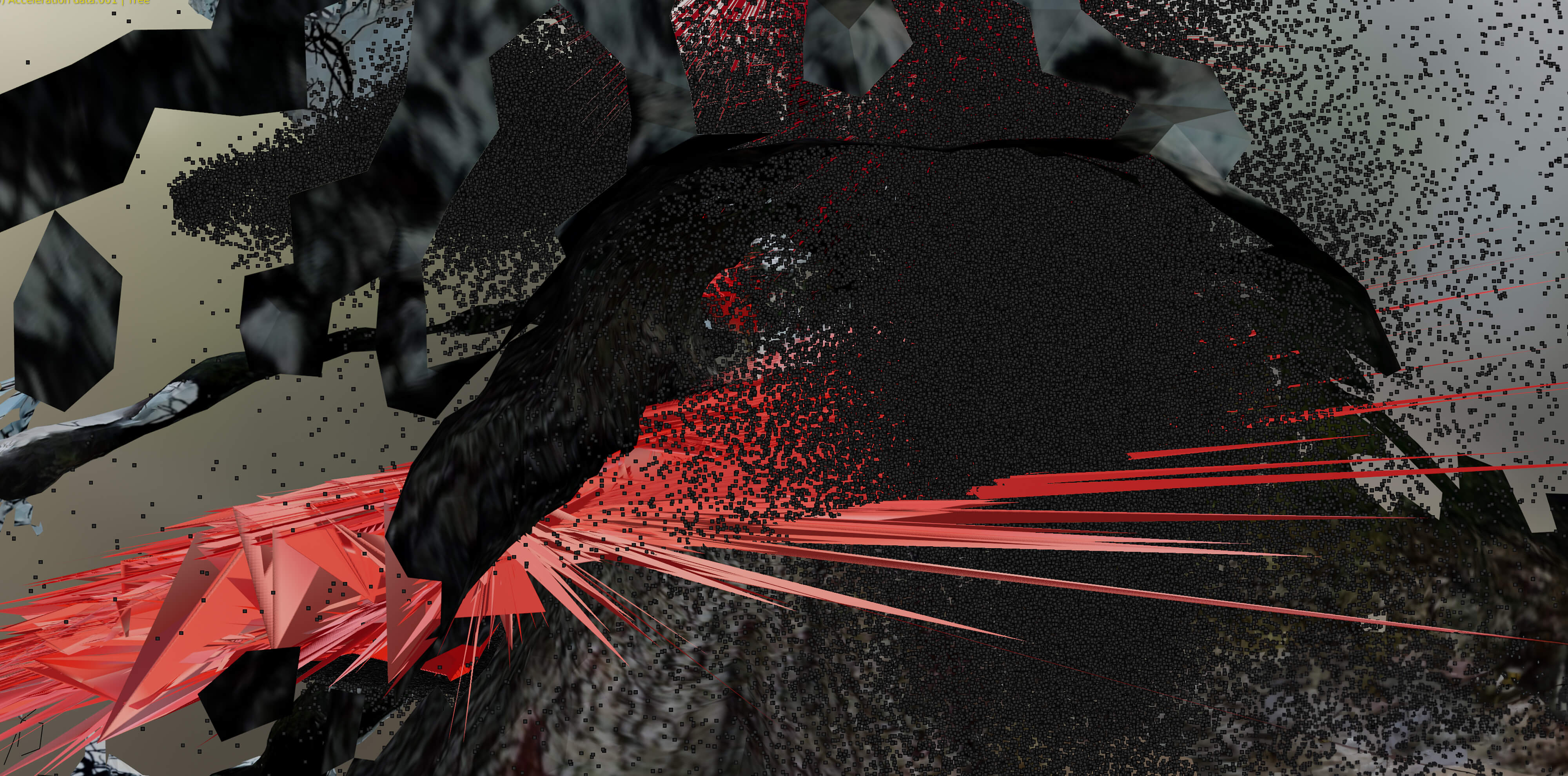 Preview of the 3D environment for "Garden of Entanglement", created by Hien Hoang with 3D scan of tree, processed acceleration data of 2 tree branches. The data is provided by Uni Florence. First processing by HLRS Stuttgart. @Hien Hoang. 2024.