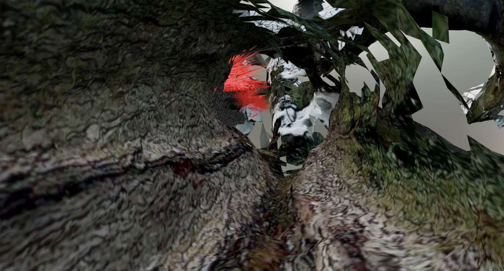 Preview of the 3D environment for "Garden of Entanglement", created by Hien Hoang with 3D scan of tree, processed acceleration data of 2 tree branches. The data is provided by Uni Florence. First processing by HLRS Stuttgart. @Hien Hoang. 2024.
