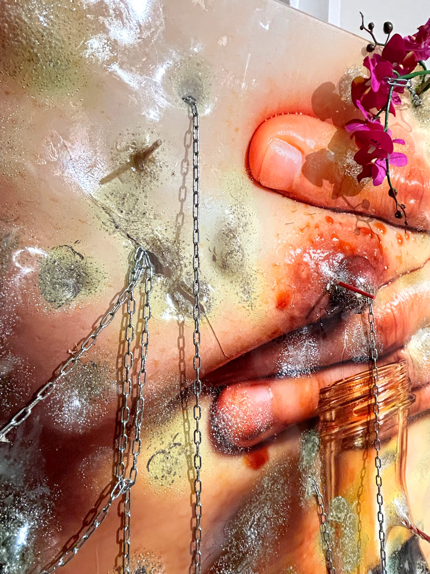 Artwork "Nutrition". Technique: UV print on plexiglass, rice papers, destroyed and bended, chopsticks, broken ceramics, plastic orchideen, chains. 100 x 70 x 37 cm. 2024. @Hiền Hoàng