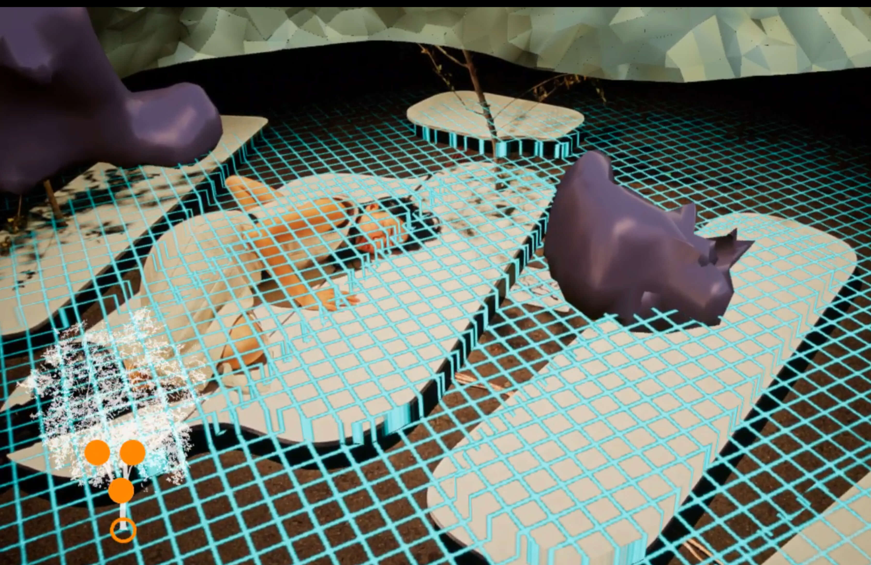 Garden of Entanglement: View from the AR App: As visitors approach the physical installation, they are virtually transported into the inner world of the tree, a digital space created using 3D scans and CT scans of the tree. Visitors can lie down or touch the platforms to physically experience the vibrations generated by the data. This same data powers the shaking system beneath the platforms and is simultaneously integrated into the AR visualization, creating a seamless connection between the tactile and digital experiences.