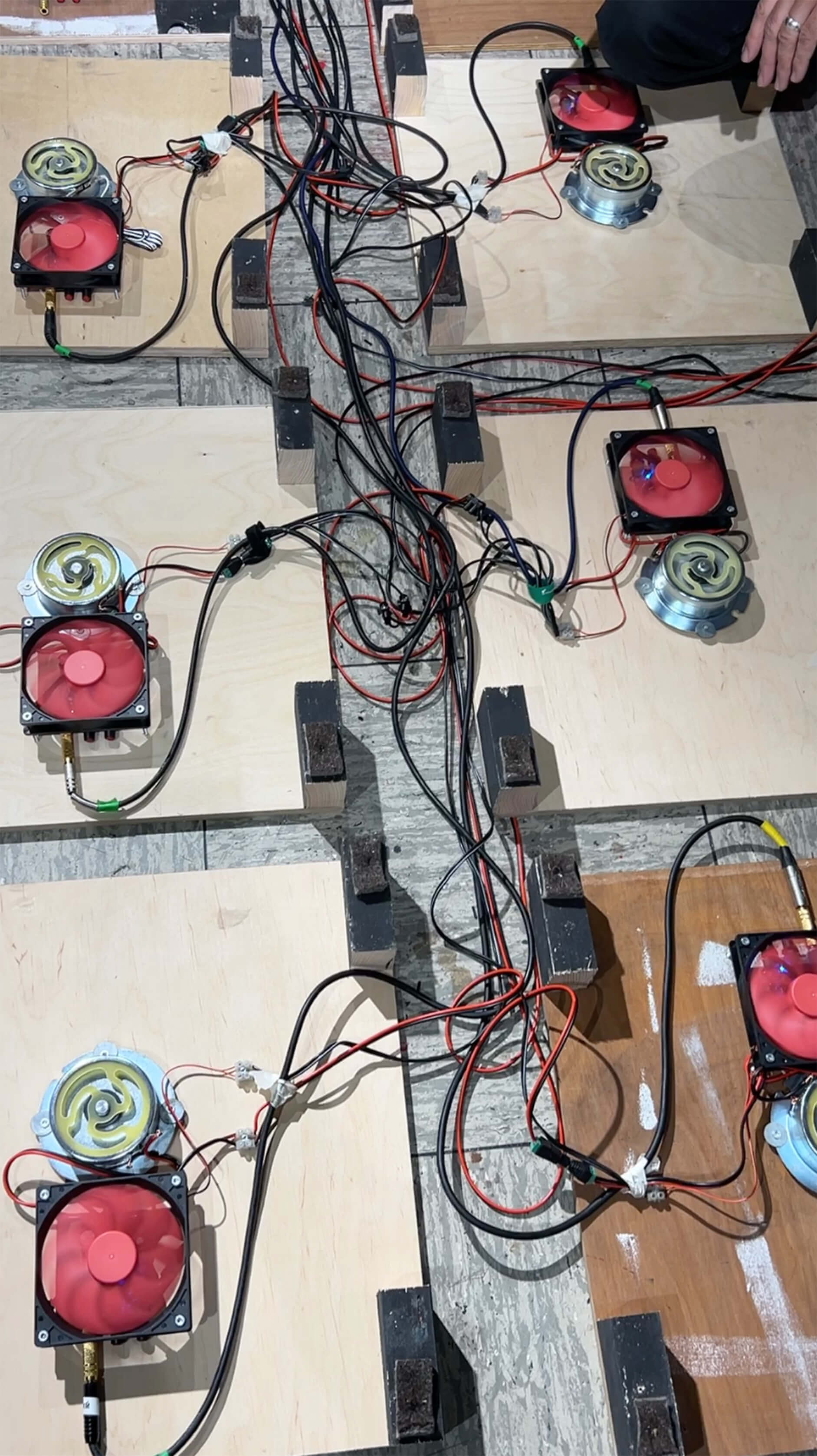 6 Sets of shaking devices and amplifiers are connected together - This sample was made during the research project “Garden of Entanglement”, 2024. In the courtesy of the artist Hien Hoang