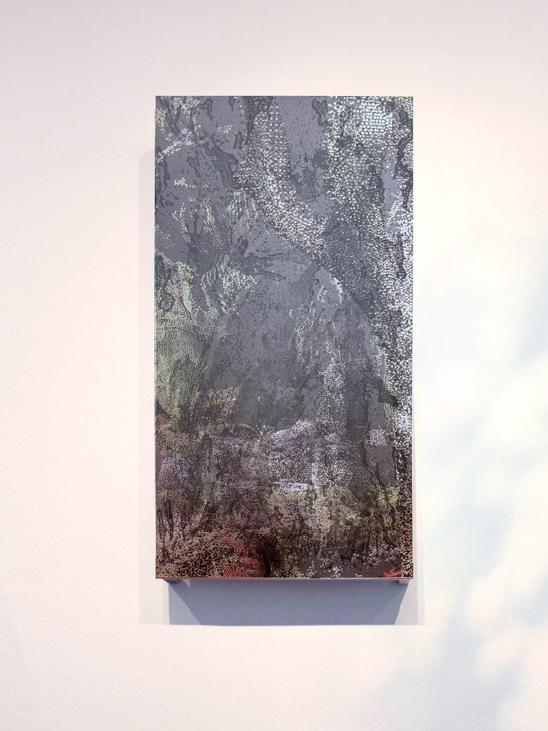Latency of the Memory: No. 2.
2025, 100 x 50 × 7,5 cm.
UV print of 3D scanned from the research of tree's resonance, on oxidified and corroded aluminium. Part 2 of the Quadriptych