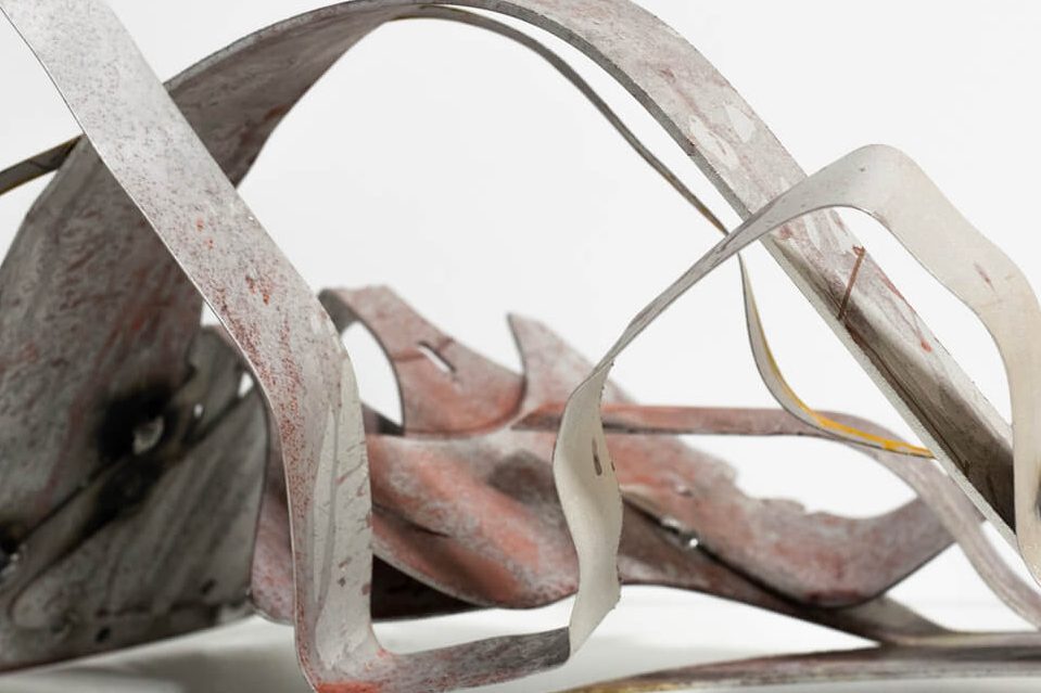 Prototyping Violence. Sculpture Study No. 1. Scrap aluminium, wooden frame, cooper sulfat, plastic bottle. 2025. Sculpture view..