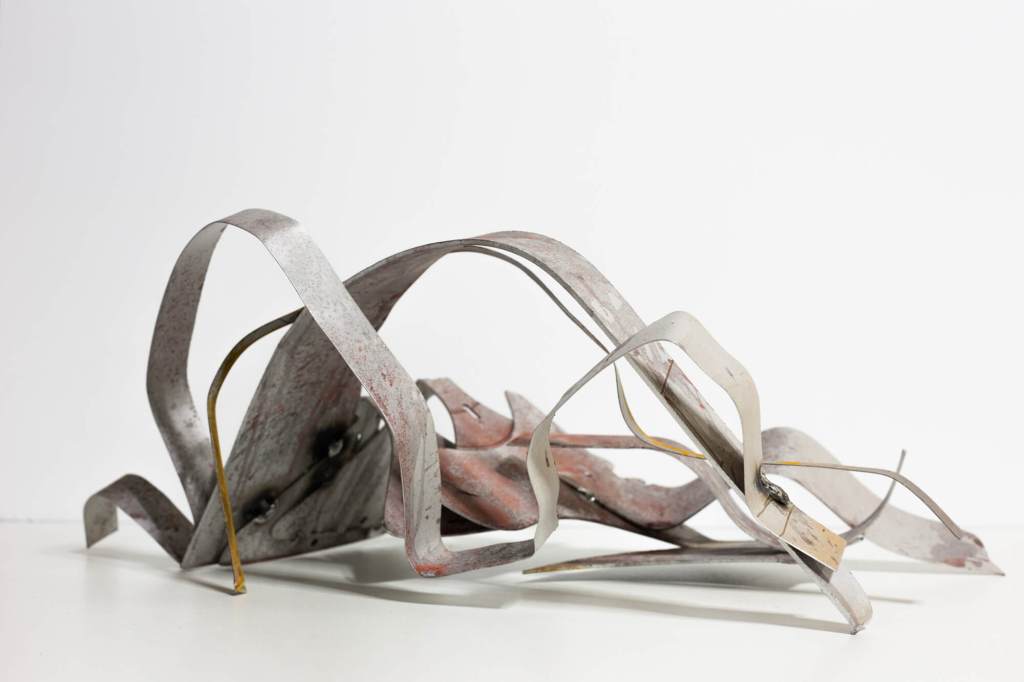 Prototyping Violence. Sculpture Study No. 1. Scrap aluminium, wooden frame, cooper sulfat, plastic bottle. 2025. Sculpture view..