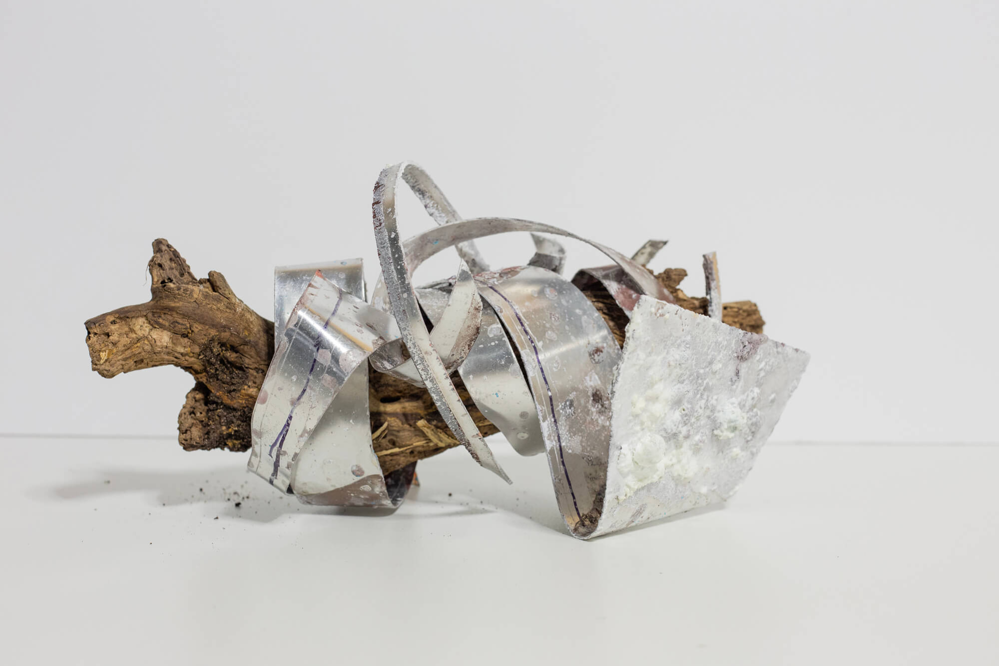 Sculpture study No. 2. Corroded scrapped aluminum, discarded and found tree log. 2025.