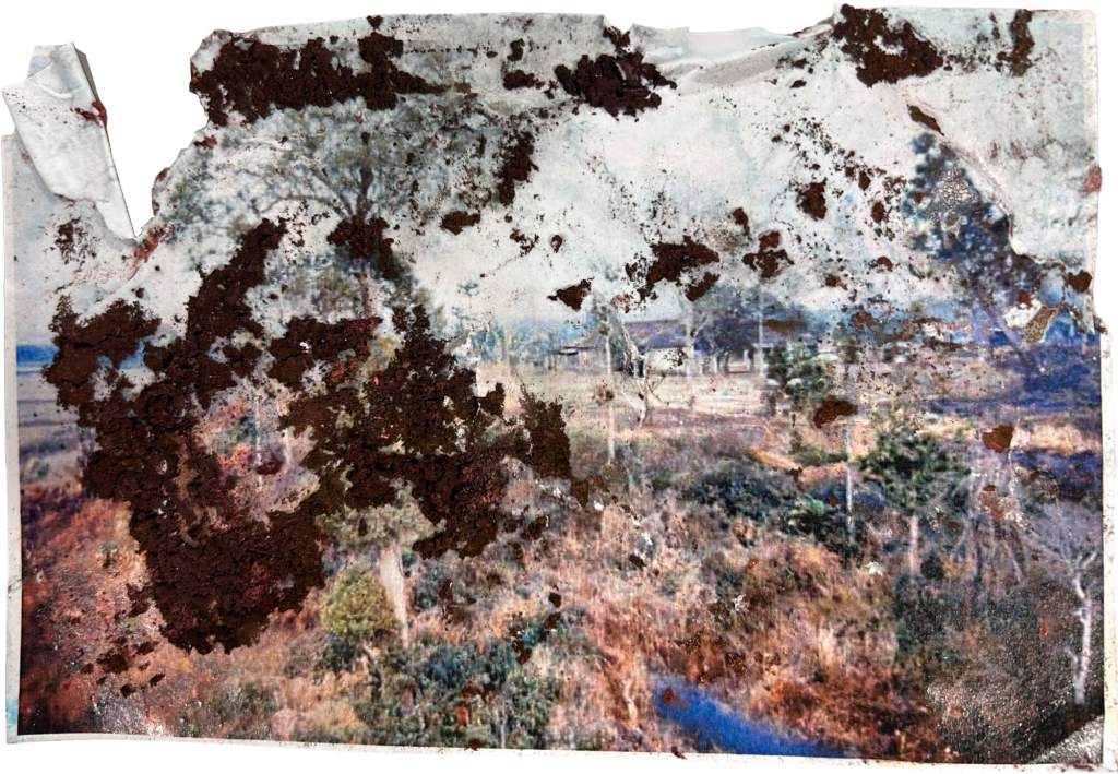 Archival photograph printed on paper, corrosion residue from Aluminum and Copper Sulfate, 2025. Image Source: US Army Flight Operations Specialist 4 John Crivello in 1969.