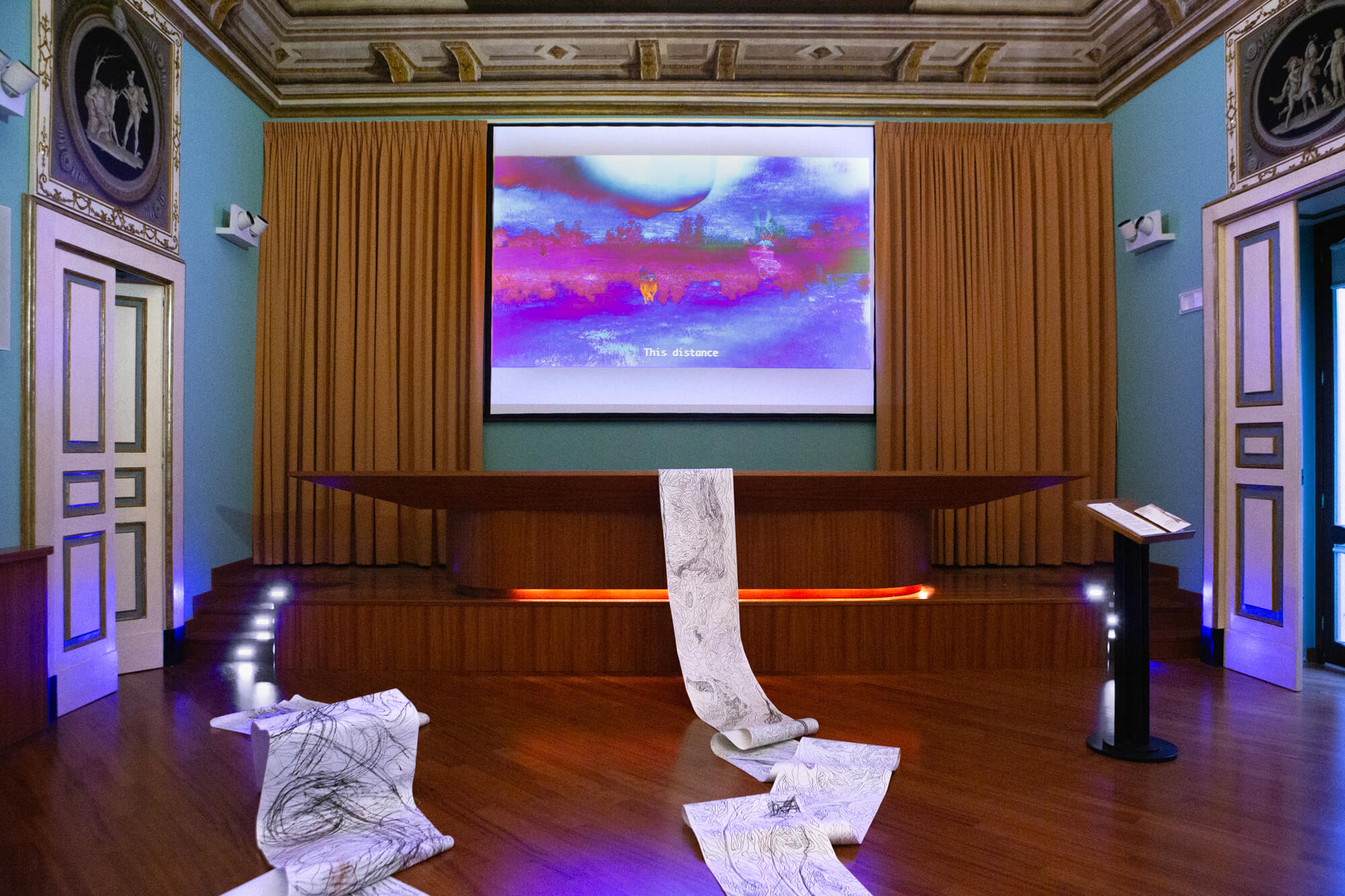 Field of Memory. Installation View. 2026. Featuring a short film ò 12 minutes, color, 4K, and 2 long soil drawings. Palazzo De' Mayo, Chieti, Italy. @ Hiền Hoàng.