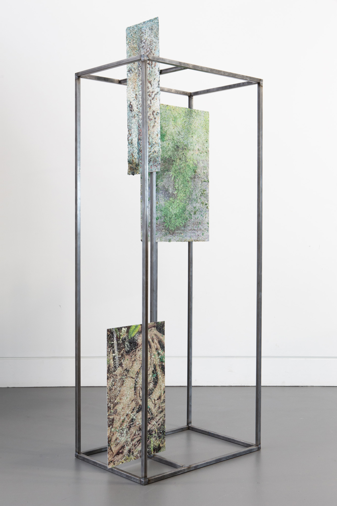 Constellation II (2026–ongoing), three  UV-printed aluminium plates, steel frame. Frame: 70 × 120 × 20 cm.  Plates: 57 × 40 × 0.7 cm, 50 x 35 x 0.7 cm, and 57 × 20 × 0.7 cm
