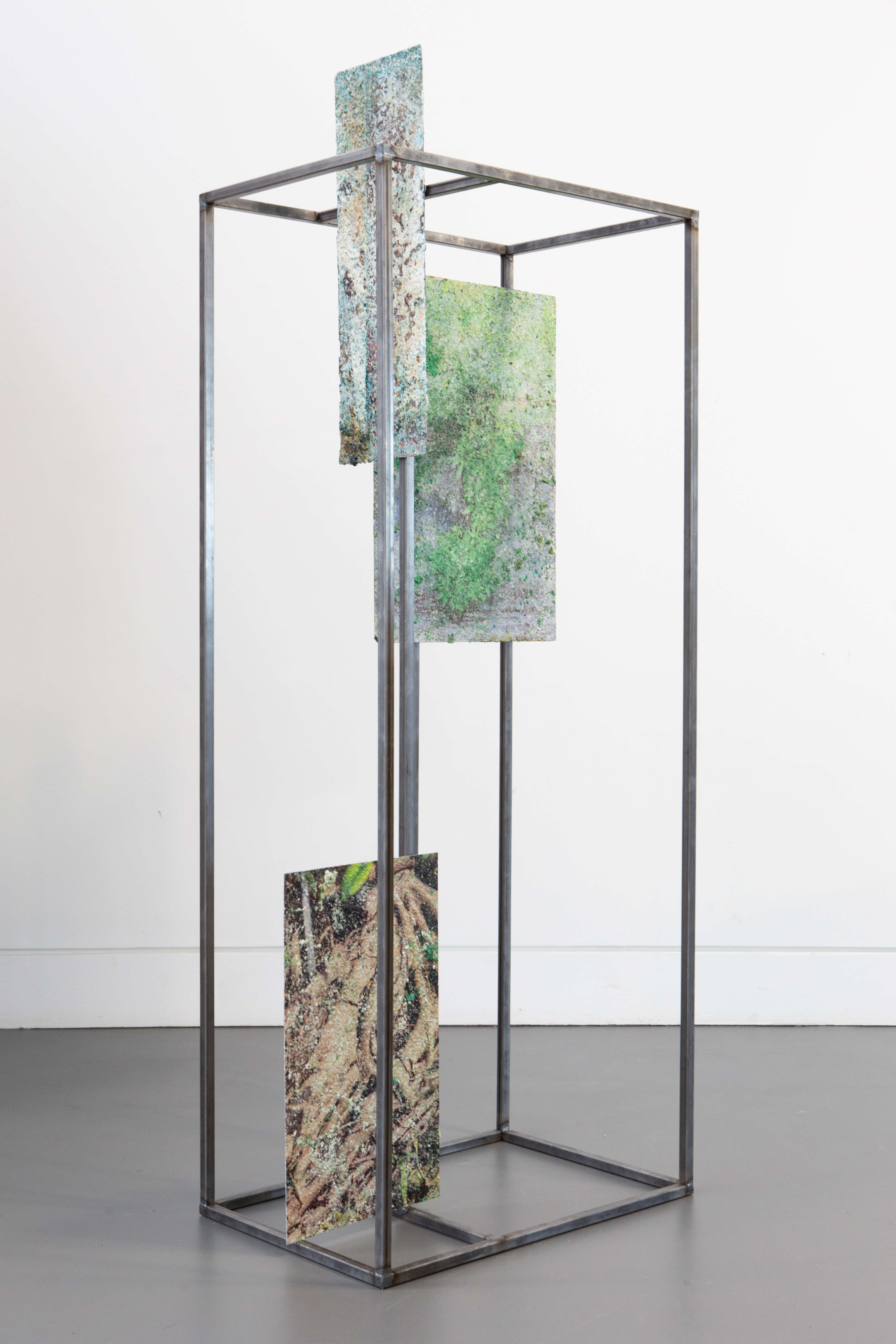 Hiền Hoàng, Constellation I (2026), corroded aluminum and UV print, steel frame, magnet, 120 × 60 × 40 cm.