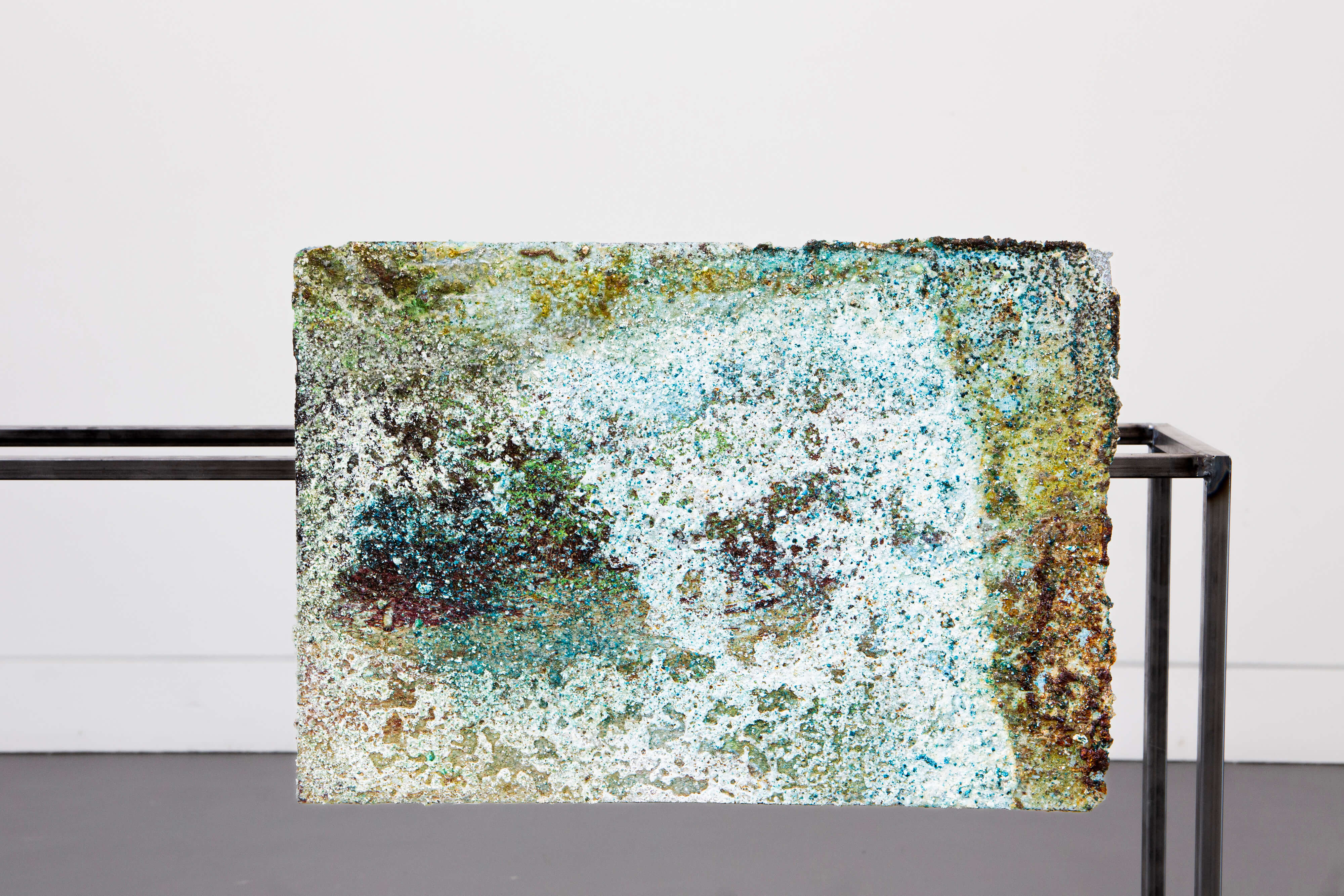 Hiền Hoàng, Constellation II (2026), front side and detail view, showing Corrosion Study on UV Print No. 4, steel frame, corroded aluminum and UV print.